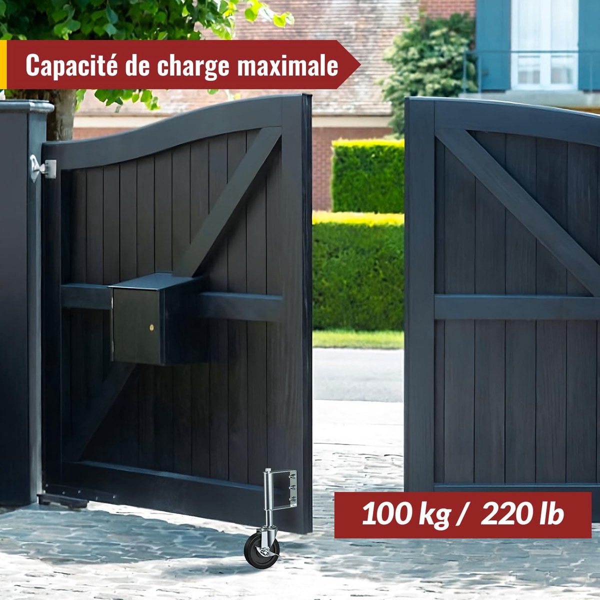 Rollentechnik Geveerde poortrol, hekrol, steunwiel, veerwiel voor zwenkpoort, wilgenpoort, tuinpoort, wiel polyurethaan 260 x 85, bouwhoogte 530 mm, draagvermogen 115 kg