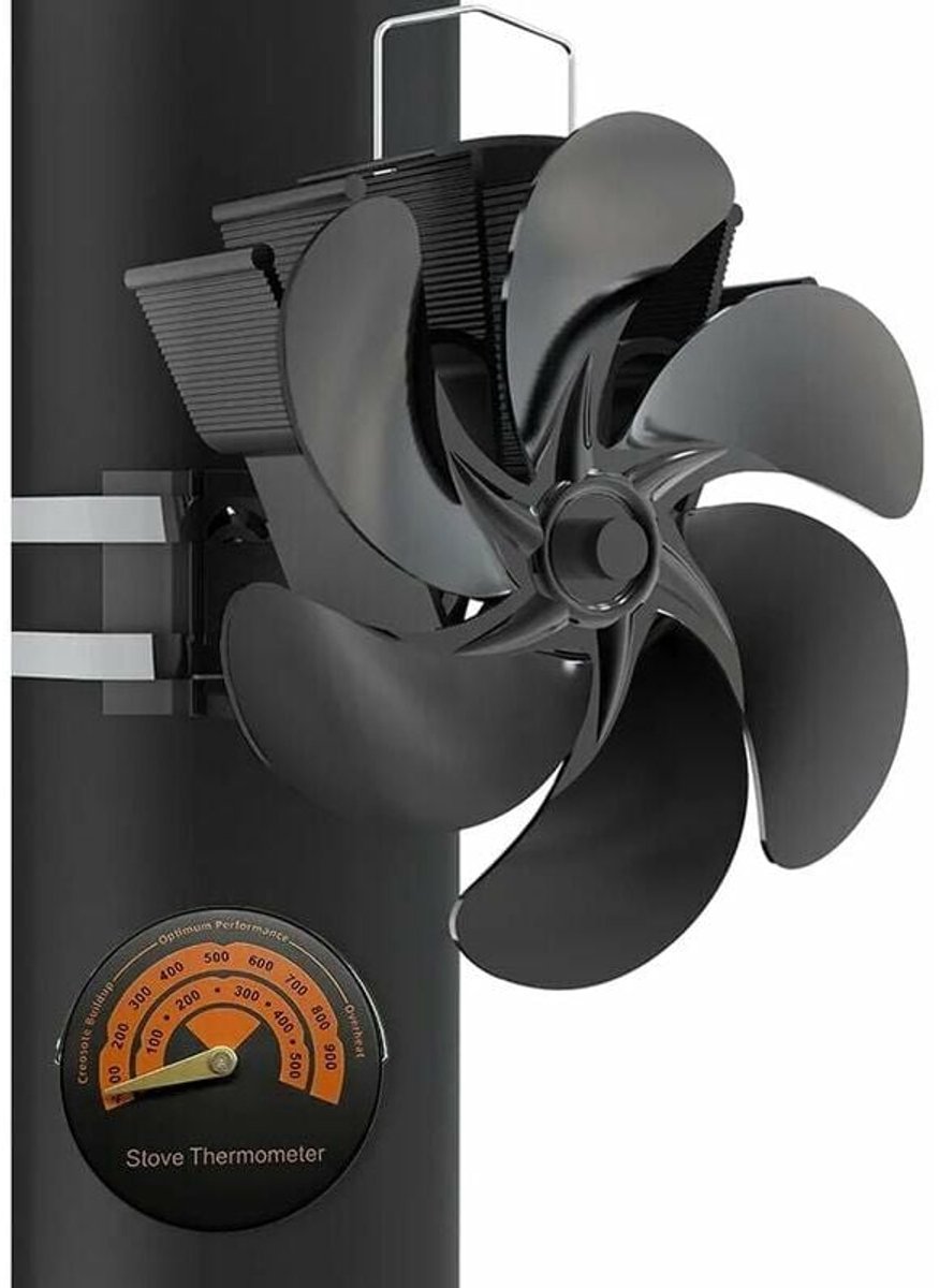 Geschikt voor 6-bladige houtkachelventilator met thermometer Open haardventilator aangedreven kachel bevestigd aan schoorsteenpijp voor open haard, pelletkachel, houtkachel