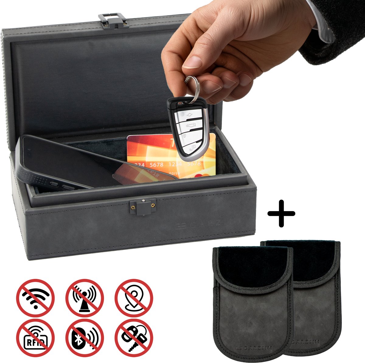 Garzini Faraday Box Large + 2 Faraday Bags – RFID Beschermhoes Autosleutel - Keyless Entry Antidiefstal Box – Sleutelhoesje - Zwart