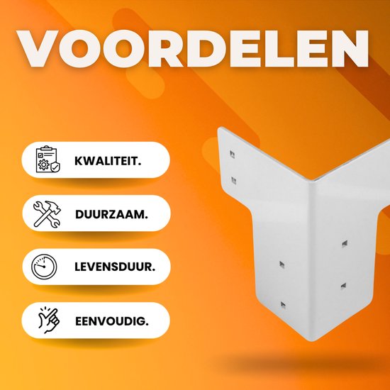 Witte hoekbeugel met iconen voor kwaliteit, duurzaamheid, levensduur en eenvoud. VOORDELEN staat bovenaan.