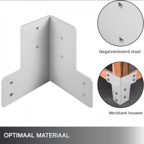 Witte hoekbeugel met vier gaten op elk been. Close-up toont verzinkt staal en een toepassing voor een werkbank.