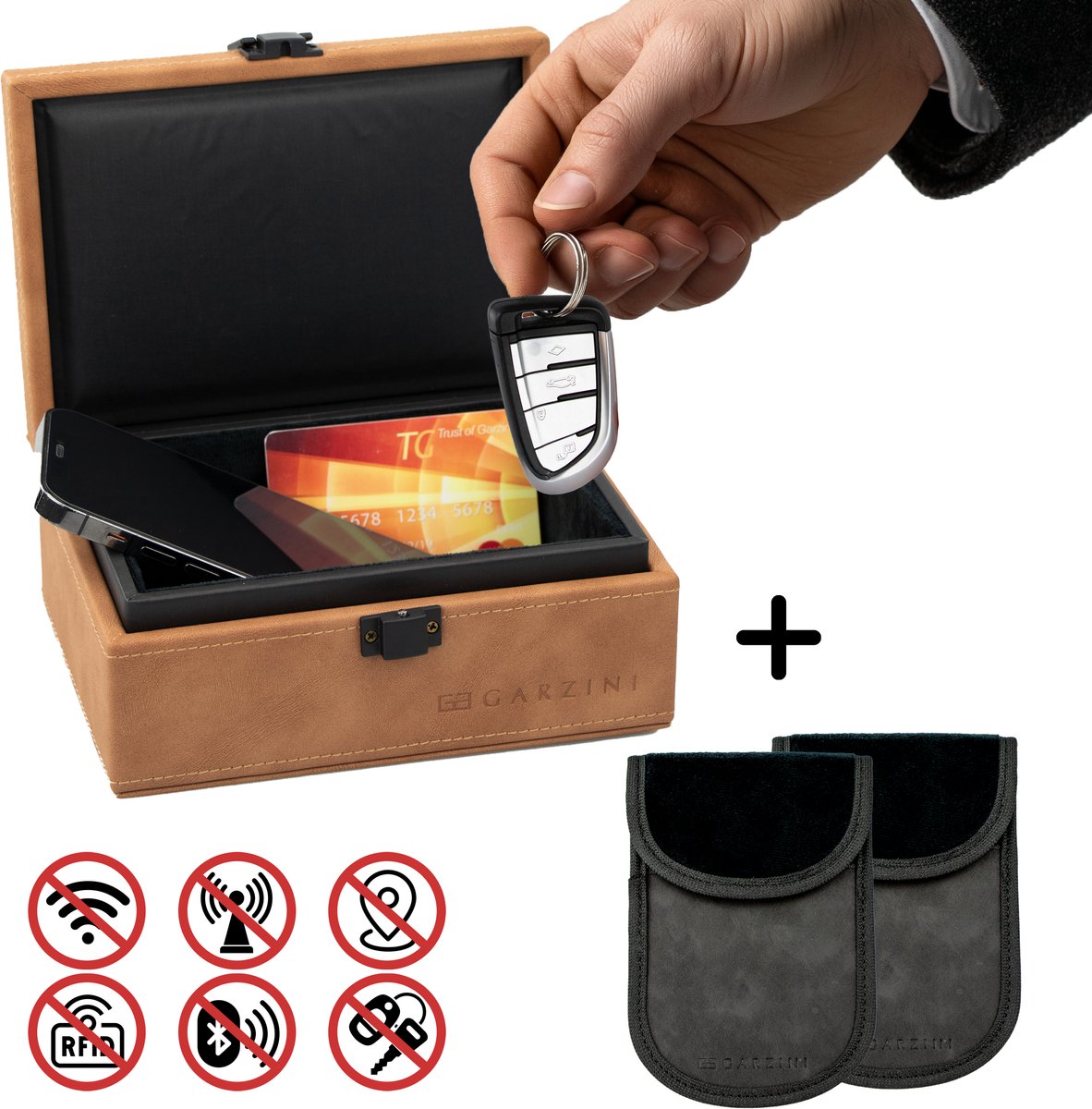 Garzini Faraday Box Medium + 2 Faraday Bags – RFID Beschermhoes Autosleutel - Keyless Entry Antidiefstal Box – Sleutelhoesje - Bruin