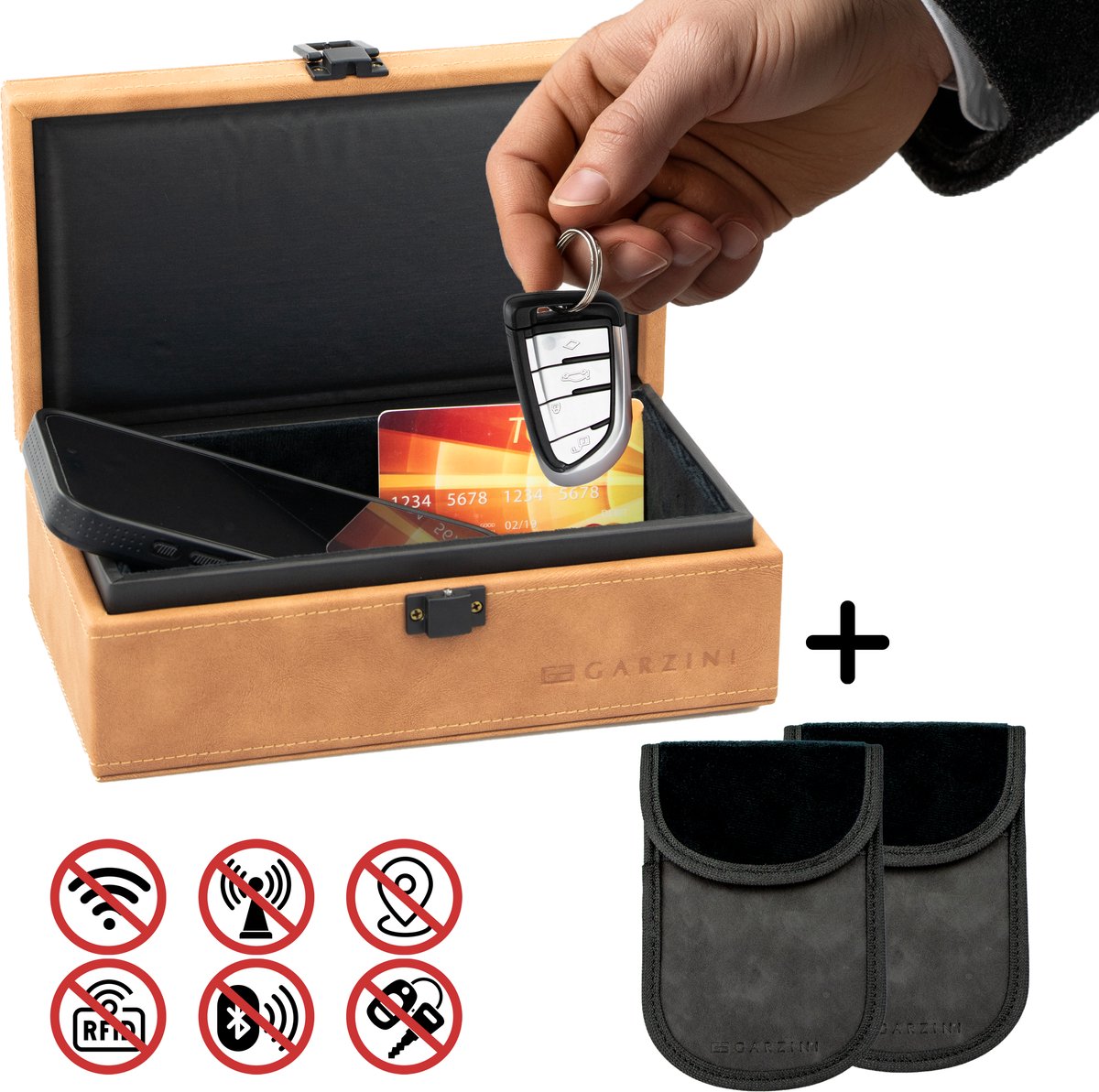 Garzini Faraday Box Large + 2 Faraday Bags – RFID Beschermhoes Autosleutel - Keyless Entry Antidiefstal Box – Sleutelhoesje - Bruin