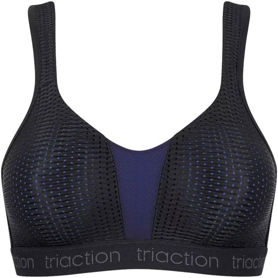 Zwarte sportbeha met blauw rasterpatroon, donkerblauwe inzet en Triaction-logo op de band.