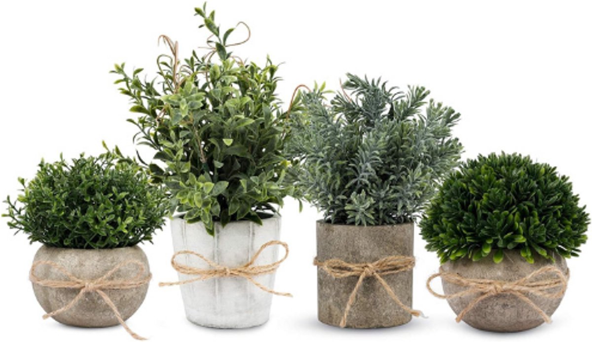 BOG Kunstmatige Topiaries Planten & Bloemen - 4 Stuks Mini Planten in Kunstmatige Potset - Fake Groen Gras Planten voor Thuiskantoor, Bureau, Badkamer, Keuken en Teller Decoratie (Gemengd) MULTI