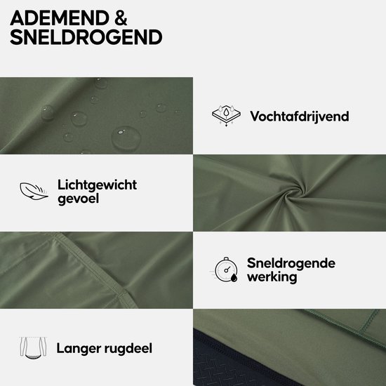 Collage van detailfoto's: waterdruppels op stof, gedraaide stof, naden, lang rugpand, "ademend" en "sneldrogend" icoontjes.