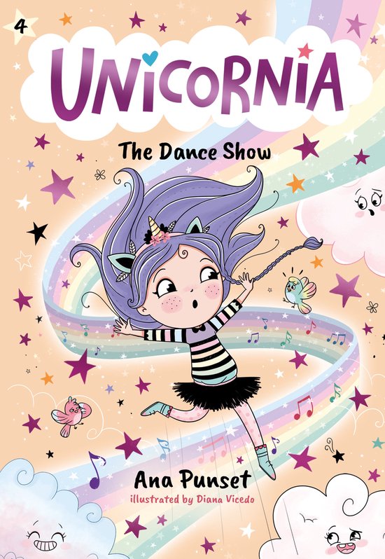 Boek 'Unicornia: The Dance Show'. Een meisje met paars haar en eenhoorn-oortjes danst onder een regenboog. Met muzieknoten en sterren.