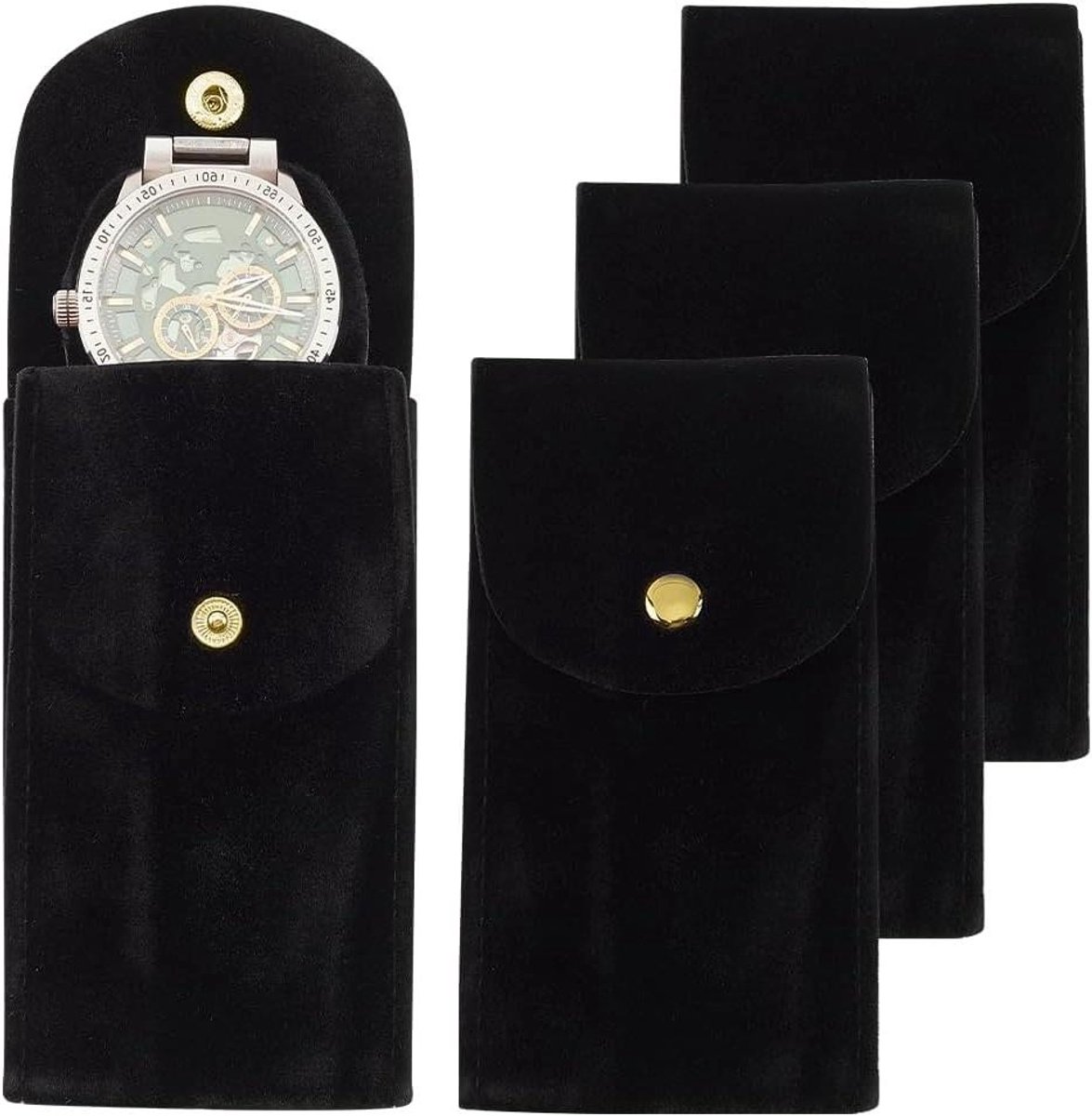 4 Stuks Horloge Pouch Opbergtas Zwart Draagbare Fluwelen Travel Case Organizer met Insert voor Reizen Outdoor 12.9x6.8x0.6cm