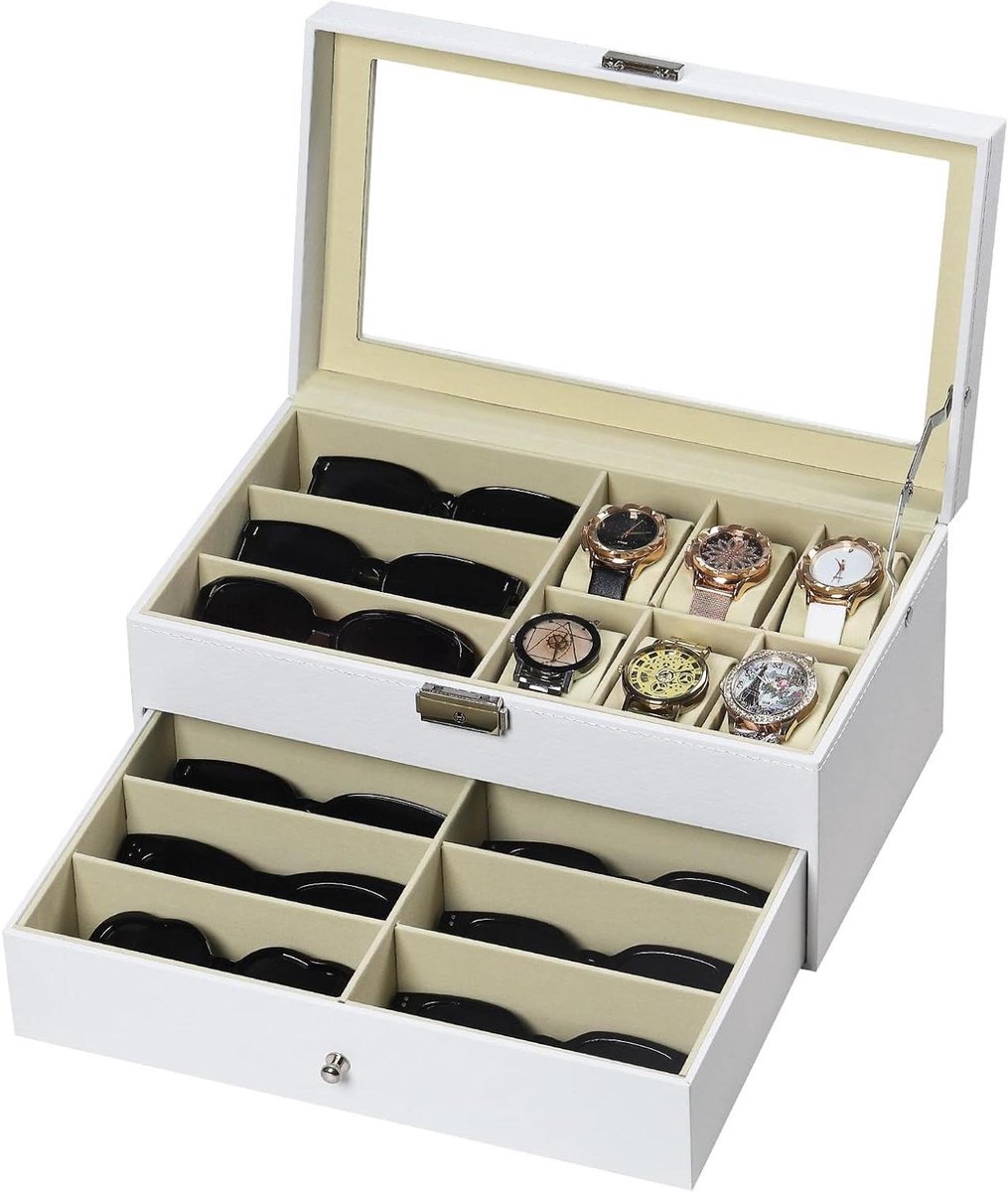 6 Horloge Box Sieraden Case en 9 Stuk Brillen Opslag en Zonnebril Bril Display Lade Afsluitbare Case Organizer Wit AW-131
