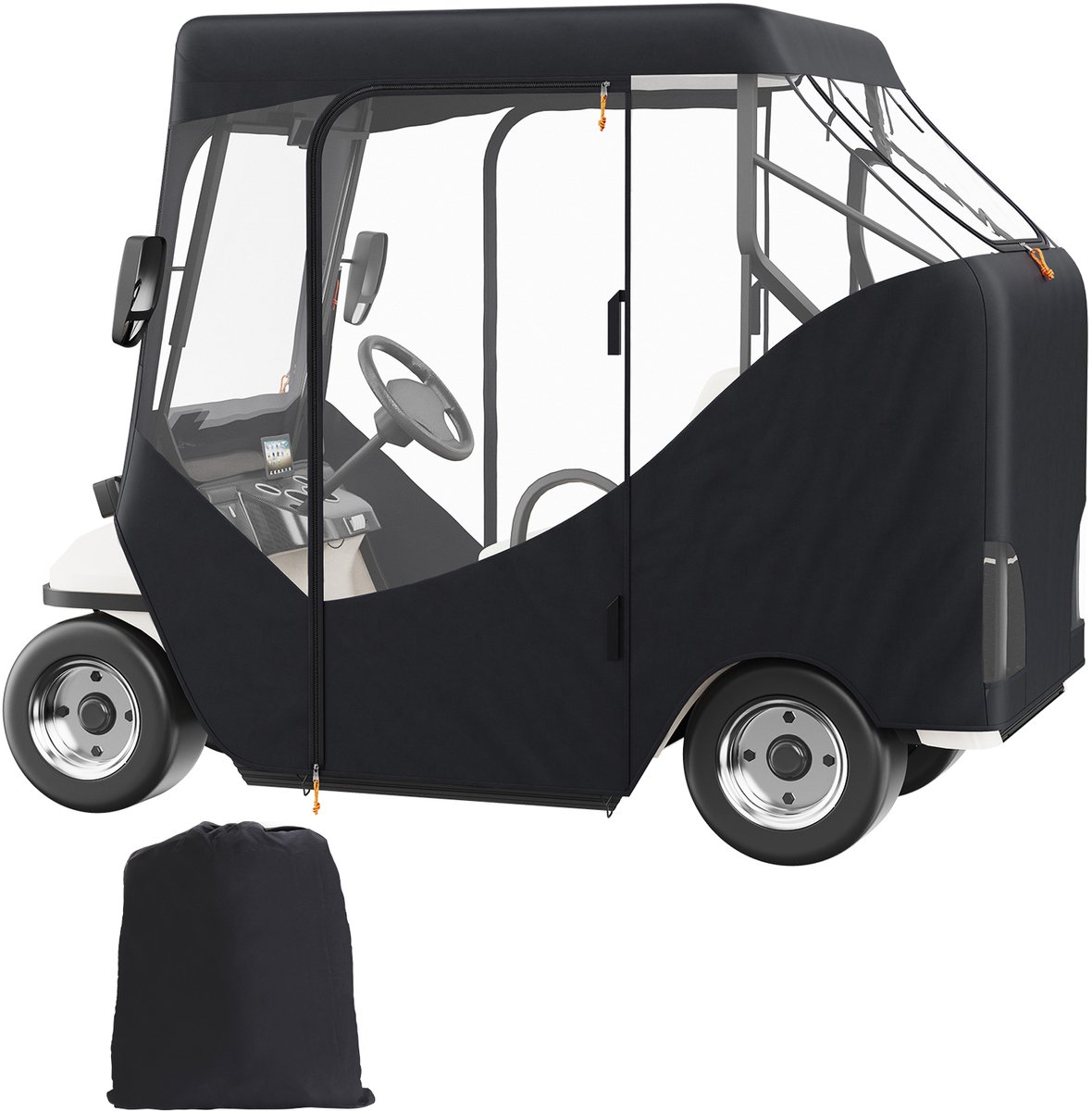 Golfkarhoes, 600D polyester hoes met 4 transparante vensters, universele pasvorm voor 2-persoons clubcars, zon- en stofdichte buitenbescherming voor de meeste merken