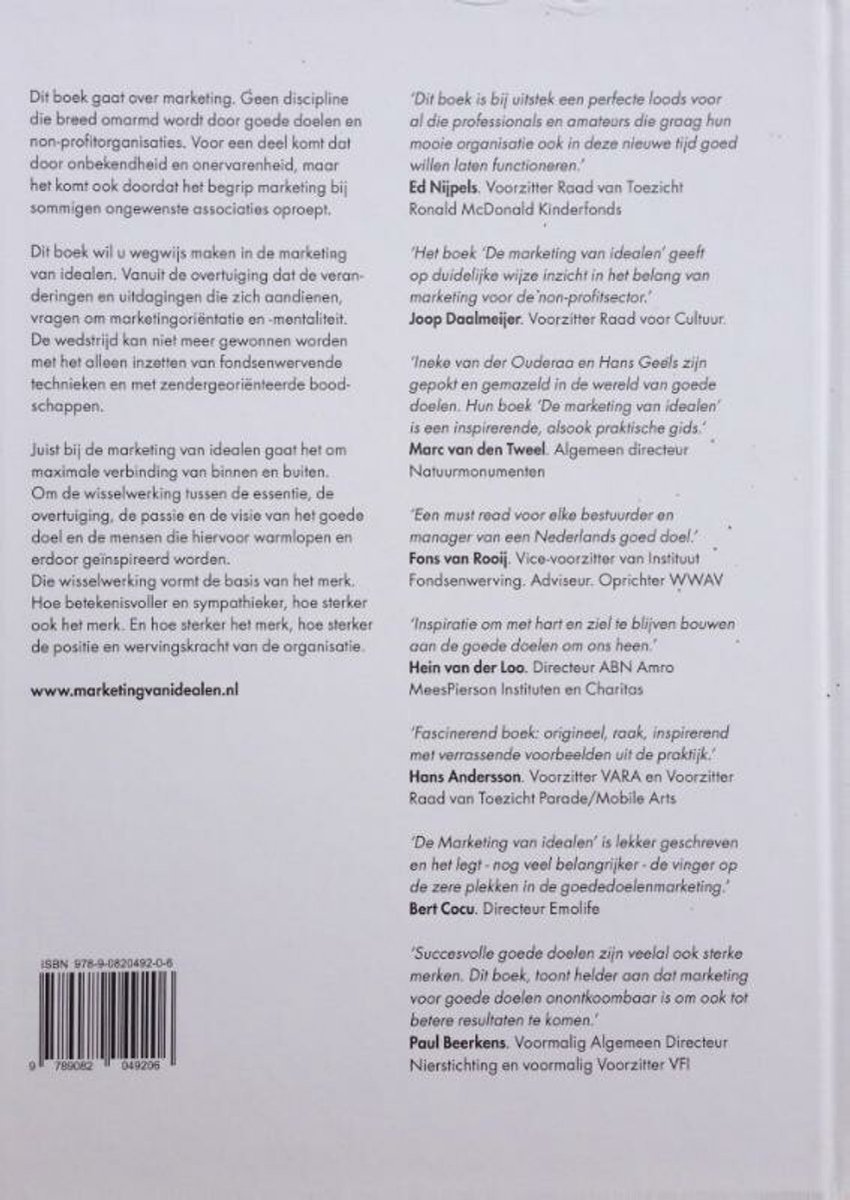 Achterkant boek met tekst over 'De marketing van idealen' en auteurs.