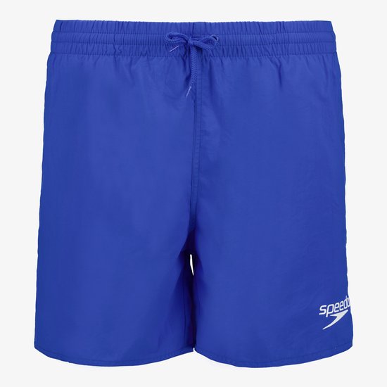 Avant d'un short de bain bleu avec cordon de serrage et logo Speedo blanc.