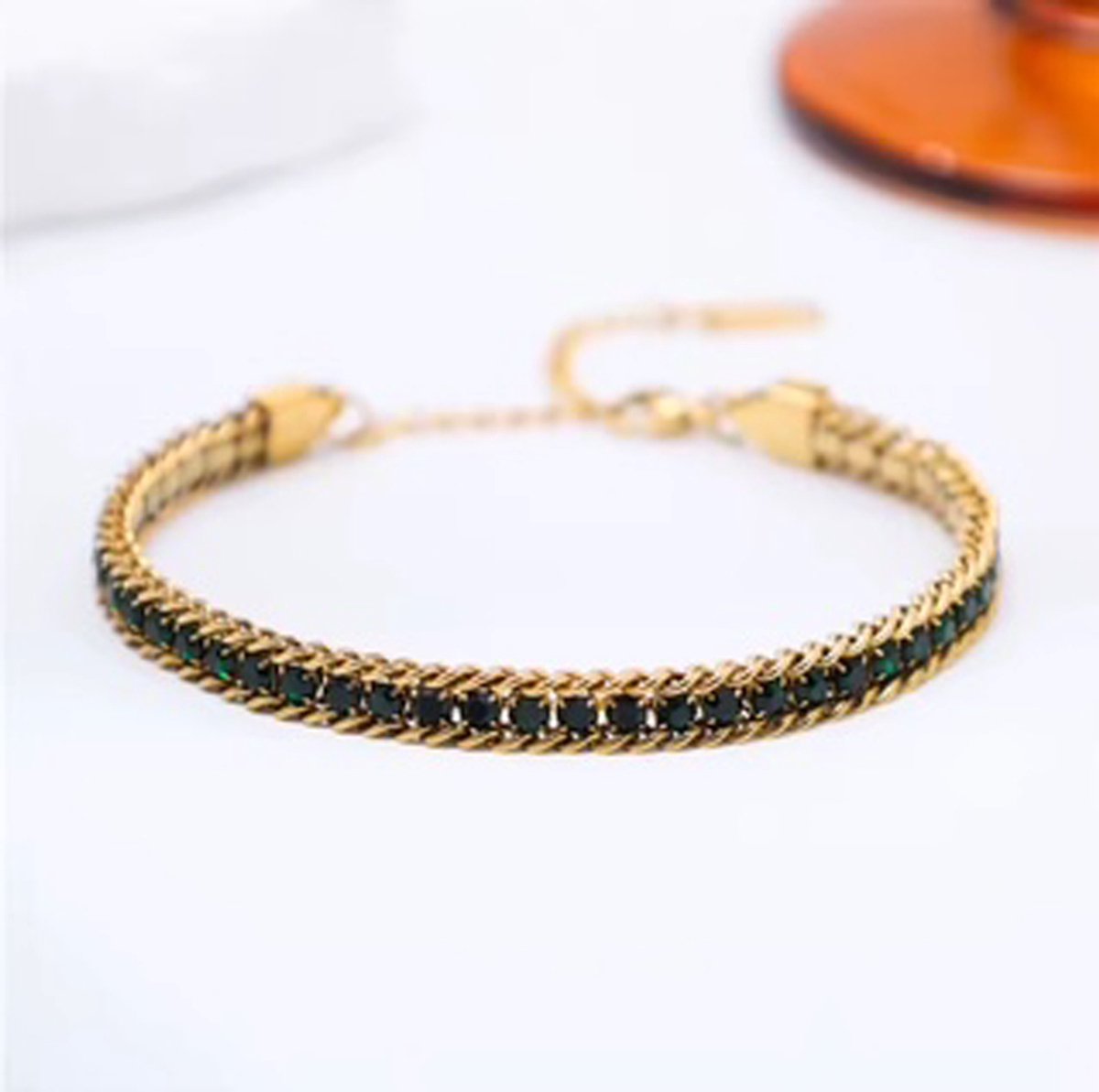 JP Family Jewelry - Tennis Armband - RVS - Donkergroen Goud - Kleurvast - Zirkonia - Verstelbaar 18-23 cm