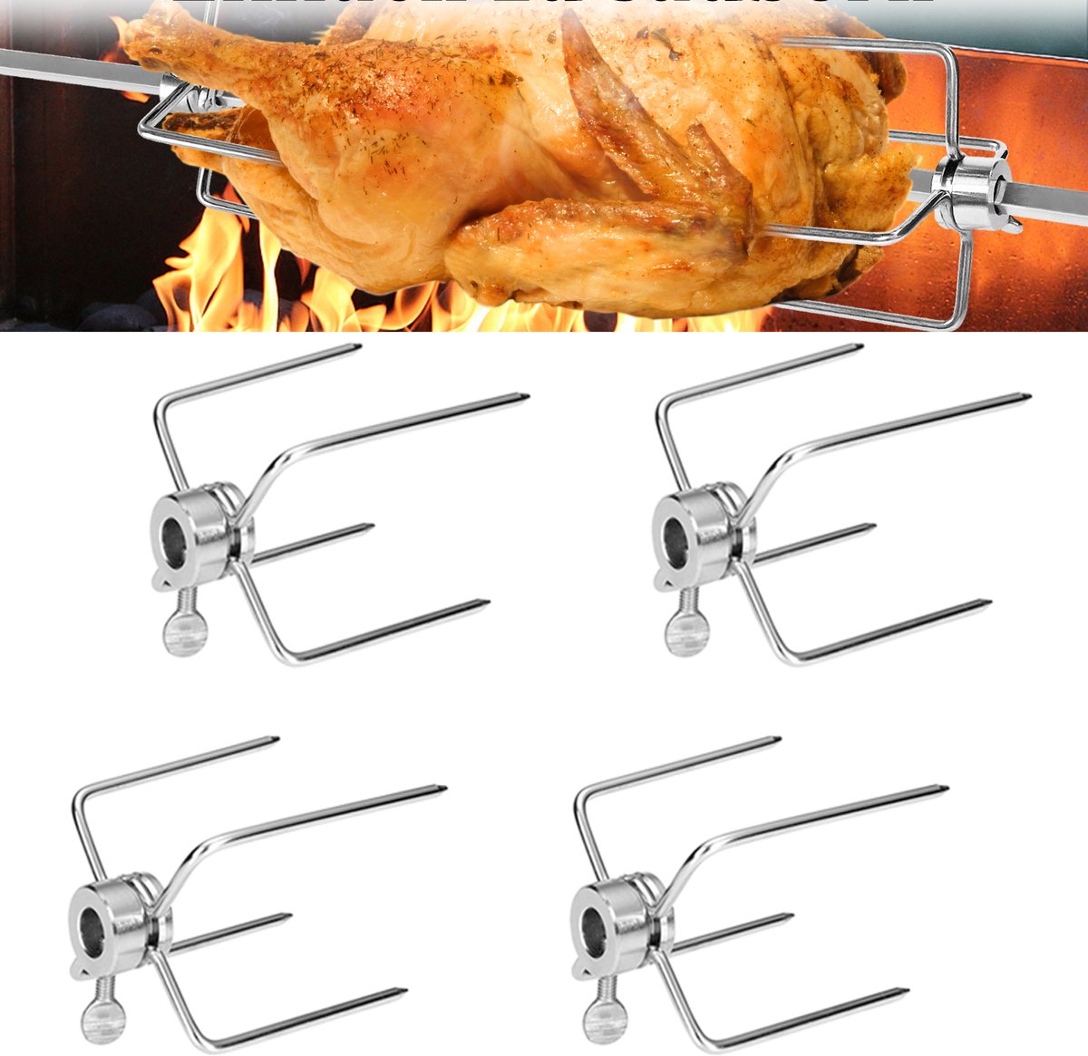 4 stuks vleesklemmen, vleespennen, roestvrij staal, draaispies, bbq, grillspies, klem, roestvrije vleesnaald, kippengrill, grillvork, grillaccessoires, grillspiesen voor grillspies, 10 mm en