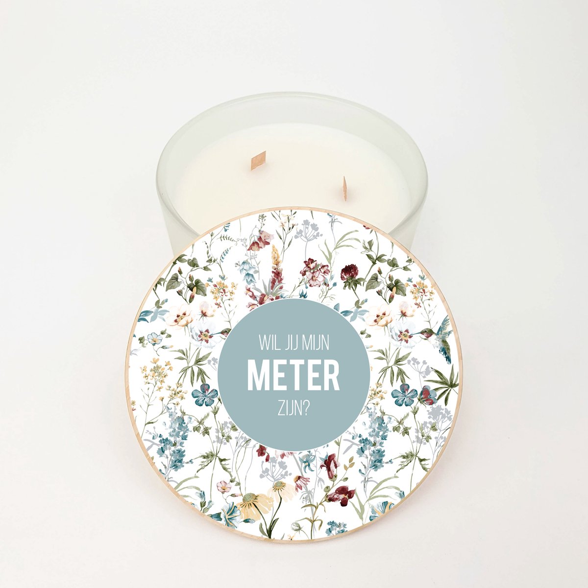 Geurkaars XL - GROOT - 3 houten wieken - Meter vragen - Wil je mijn meter zijn - Meter vragen cadeau - Wildflowers label design