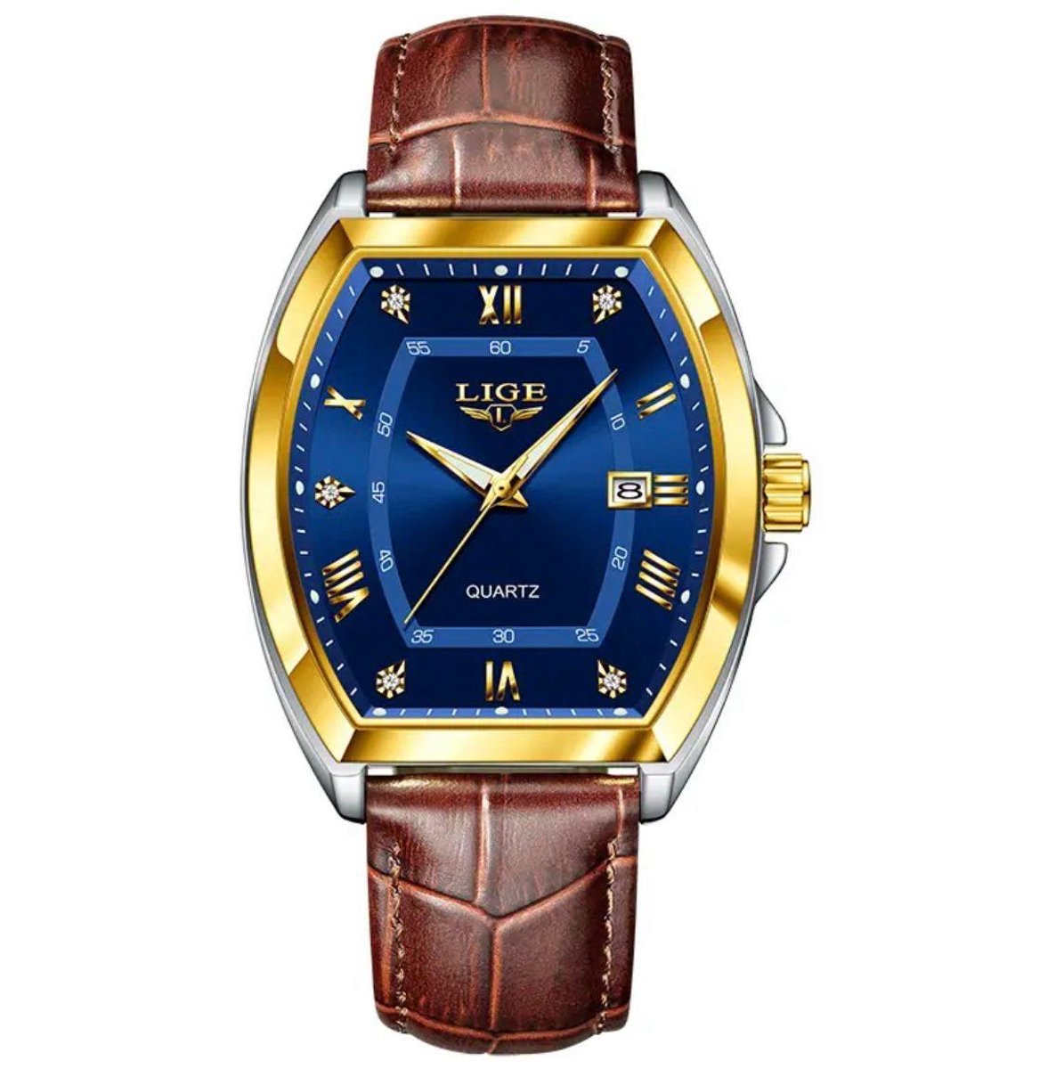 Lige - Luxe Herenhorloge - Polshorloge - Heren - Cadeau - Horloge - Geschenkdoos - Mannen - Goud Blauw - Bruin Lederenband