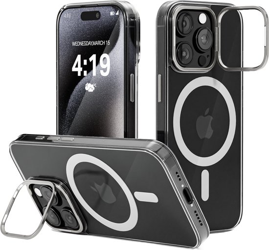 Transparante hoes voor iPhone met MagSafe-ring. Toont telefoon met een ingeklapt standaardje en de achterkant met camera's.