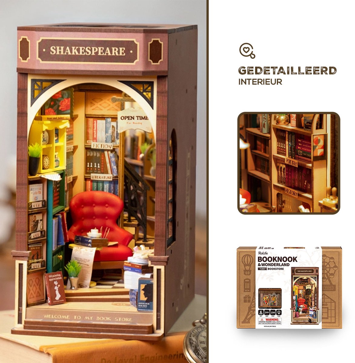 Robotime, DIY Book Nook Boekensteun Shakespeare's, TGB07, 20x11,5x22cm — afbeelding 6