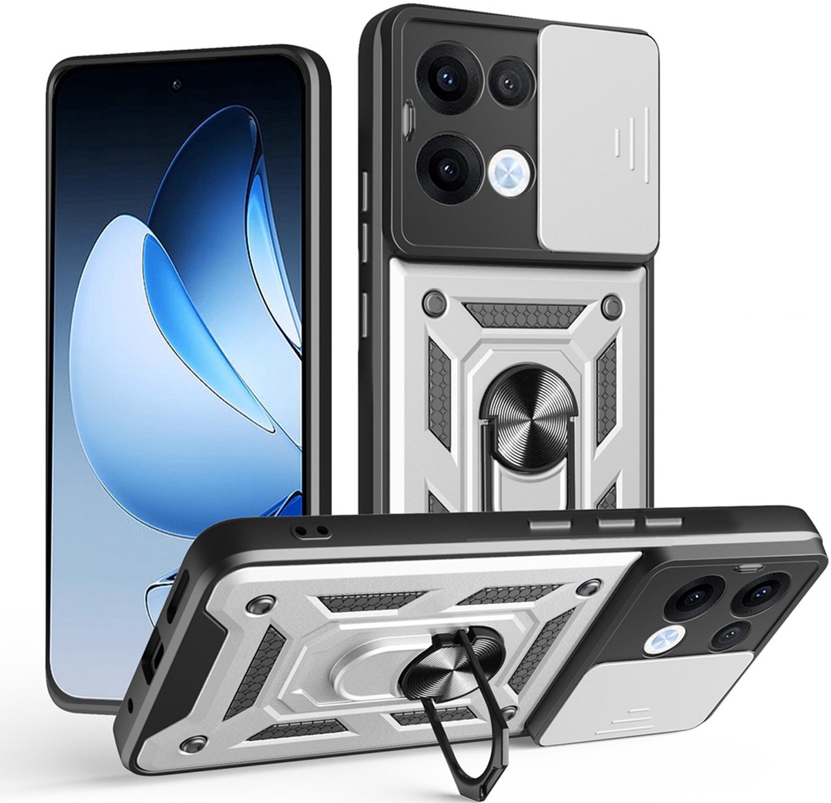 MobyDefend Hoesje - Geschikt voor Oppo Reno13 - Pantsercase Met Draaibare Ring - Zilvergrijs