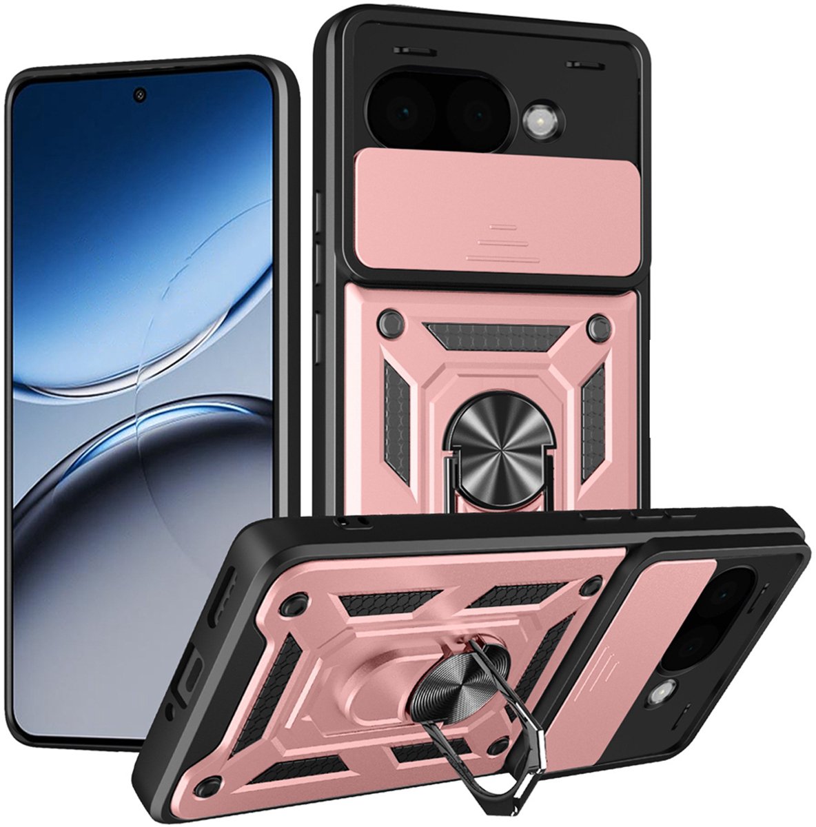 MobyDefend Hoesje - Geschikt voor Google Pixel 9a - Pantsercase Met Draaibare Ring - Rosé