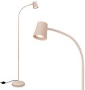 Beige staande lamp met gebogen arm, met een extra lampenkop die naar voren wijst.