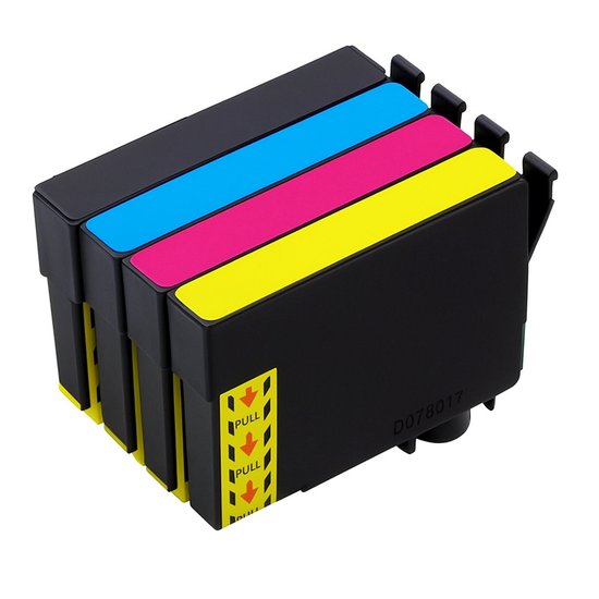 Zwarte inktcartridge met gele, roze en cyaan strepen. Met "PULL"-labels.