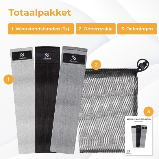 Drie Nuvance weerstandsbanden in lichtgrijs, zwart en grijs, met een zwart mesh opbergzakje en een oefeningenkaart.