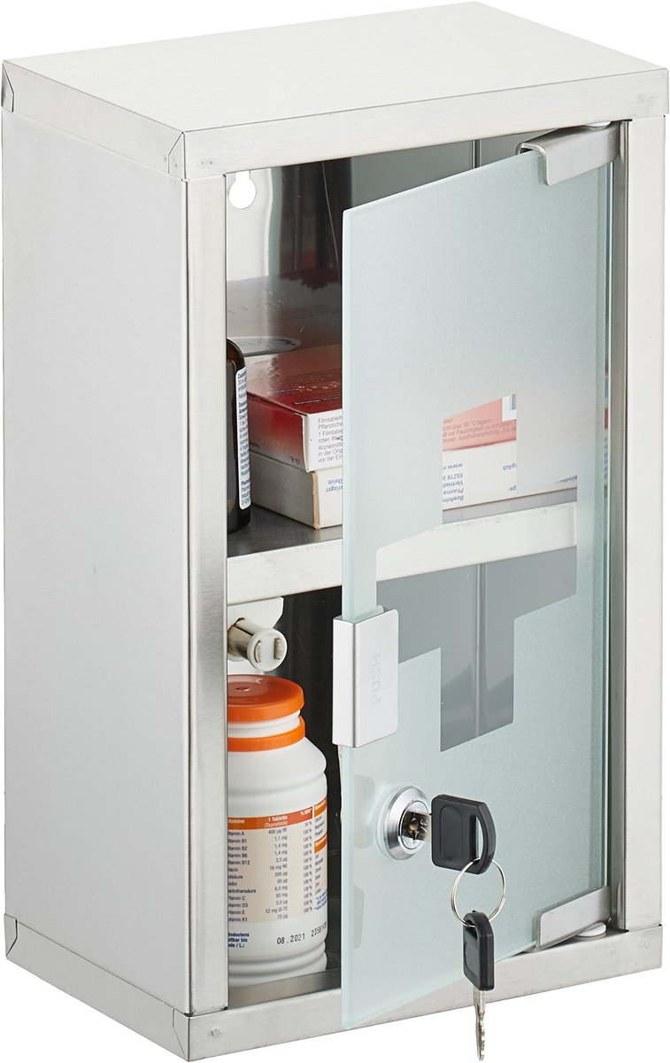 medicijnkastje met slot - 30 x 18 x 12 cm - 2 vakken - rvs - badkamer