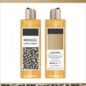Gele douchegel met vanille karamel geur, in een doorzichtige fles met gouden dop. Voor haar en body.