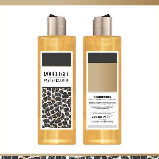 Gele douchegel met vanille karamel geur, in een doorzichtige fles met gouden dop. Voor haar en body.