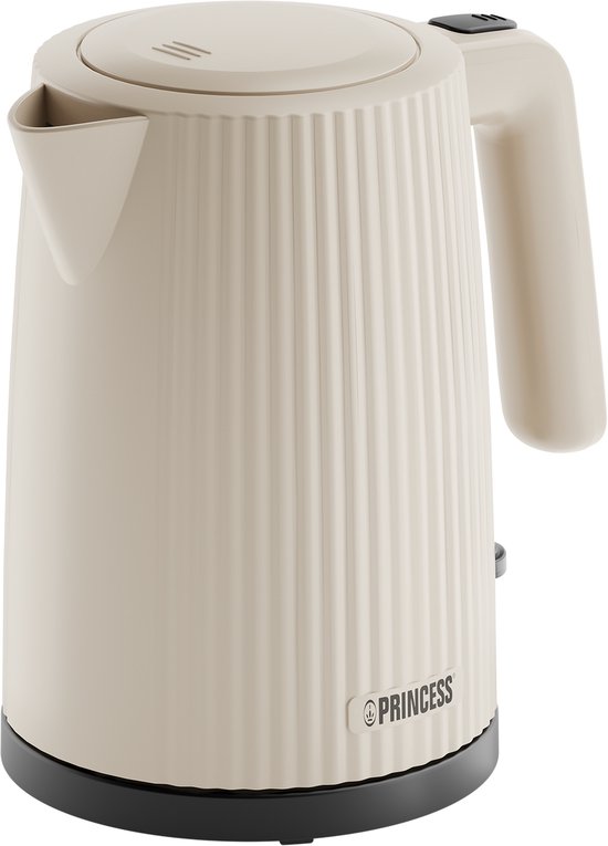 Beige Princess waterkoker met verticale ribbels, een gebogen handvat en een plat deksel.
