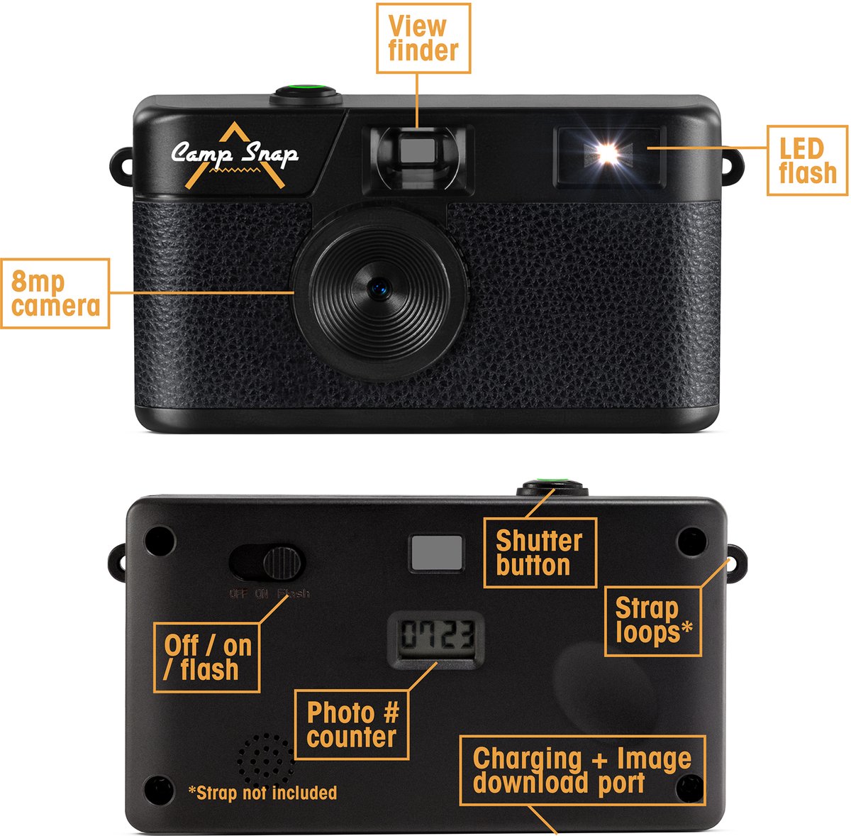 Campsnap Digitale Camera - Schermvrije Retro Fotocamera - 8 Megapixel - 2000 foto's - Minimalistisch Vintage Design - Met Flits - Oplaadbaar - 4GB - Zwart – foto 4