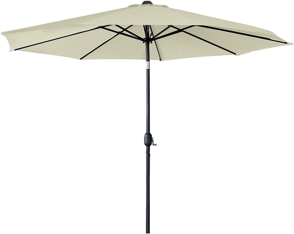 Grote beige parasol met zwengelmechanisme en UV-bescherming voor tuin en terras.