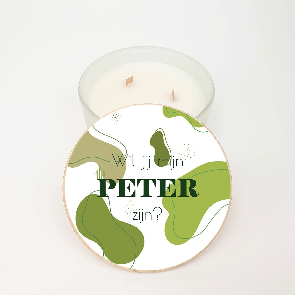 Geurkaars XL - GROOT - 3 houten wieken - Peter vragen - Wil je mijn peter zijn - Peter vragen cadeau - Abstract green label design