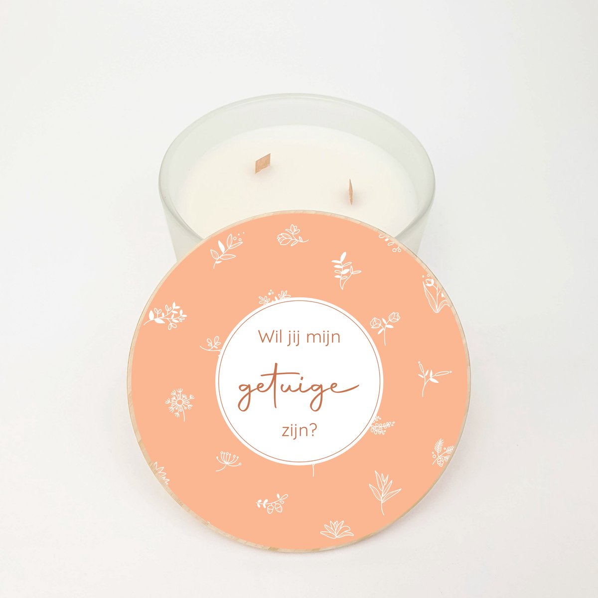 Geurkaars XL - GROOT - 3 houten wieken - Getuige vragen - Wil je mijn getuige zijn - Getuige vragen cadeau - Orange botanical label design