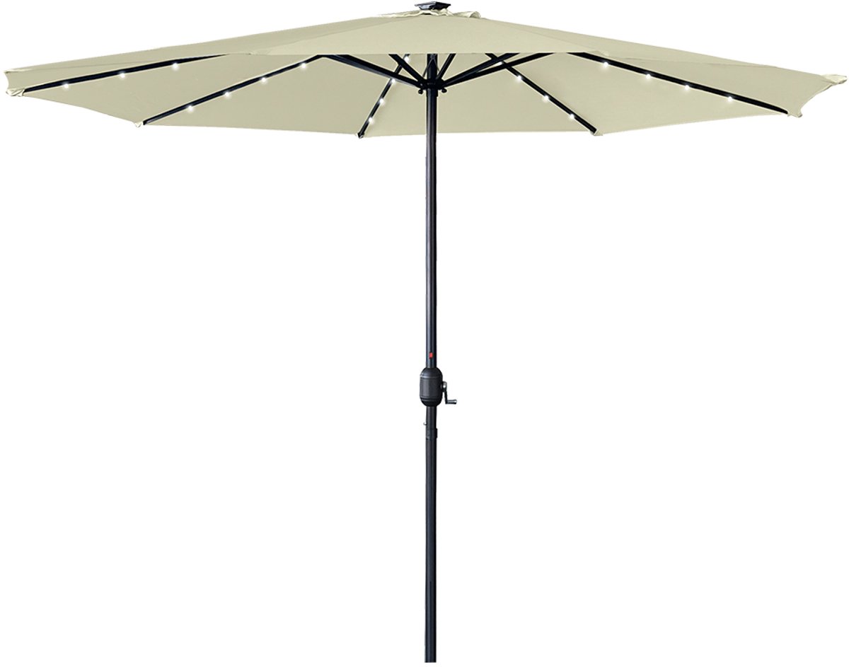 Aufun Parasol 300cm in beige with LED lights, ideal for garden & terrace, UV protection, crank handle.
