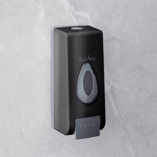Zwarte wandzeepdispenser met grijs kijkvenster en grijze 'PUSH' knop.