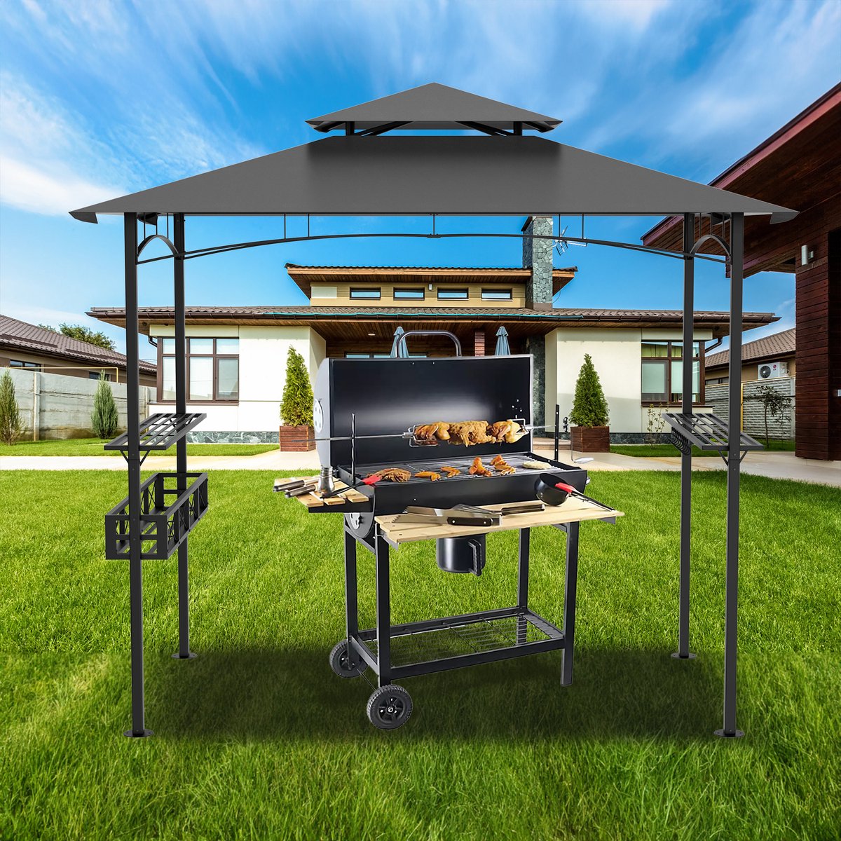 Aufun Barbecuepaviljoen - 2,45 x 1,53 m - grijs - partytent met dubbele afdekking - metalen frame - met planken en opbergmanden