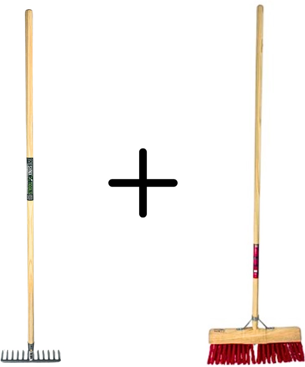 Synx Tools Tuinhark 12 Tanden verzinkt + Nylon Gemeente Straatbezem 45 cm – Kunststof haren - Bodembewerkers - Onkruidverwijderaar – Schrobborstels – Hark met steel 150 cm – Buitenbezem met steel 160 cm