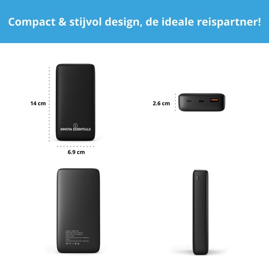 Innova® Powerbank Pro - 20.000 mAh - 20W snellader - Compact Design - USB 3.0 - USB-C & Micro USB - Quick Charger 20W - Universele Powerbank - Zwart