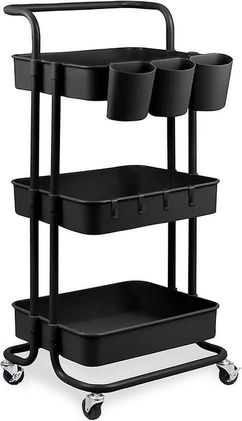 Goliving Keukentrolley op wieltjes - Serveerwagen - Keuken Trolley - Met Haakjes en Bakjes - Verrijdbaar en Vast - 3 Lagen - Zwart