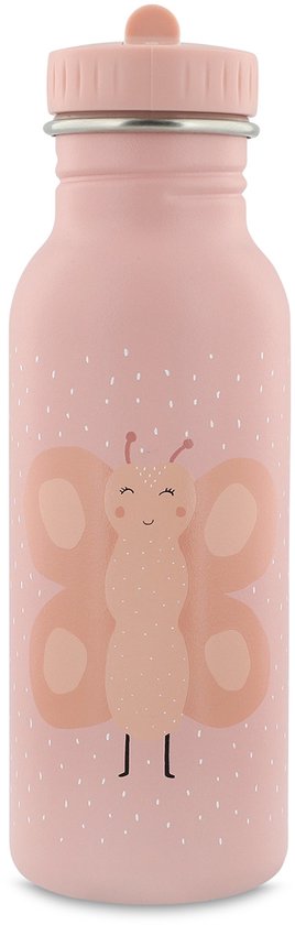 Gourde rose à pois avec un imprimé papillon souriant. Avec une boucle noire sur le bouchon.