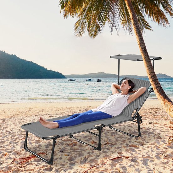 Zonneligstoel met dak, tuinstoel, outdoor ligstoel met hoofdkussen, strandstoel, inklapbaar, verstelbare rugleuning, zonwering tot 100 kg, voor strand, camping, balkon, terras, zwart — afbeelding 5