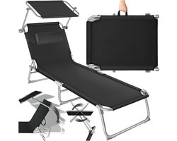 tectake® Ligstoel met Zonnescherm - Opvouwbaar Ligbed - Zonnebed met Verstelbare Rugleuning in 4 Standen - Inclusief Hoofdkussen - Strandstoel voor Buiten - Ideaal voor Tuin, Zwembad, Camping - Zwart