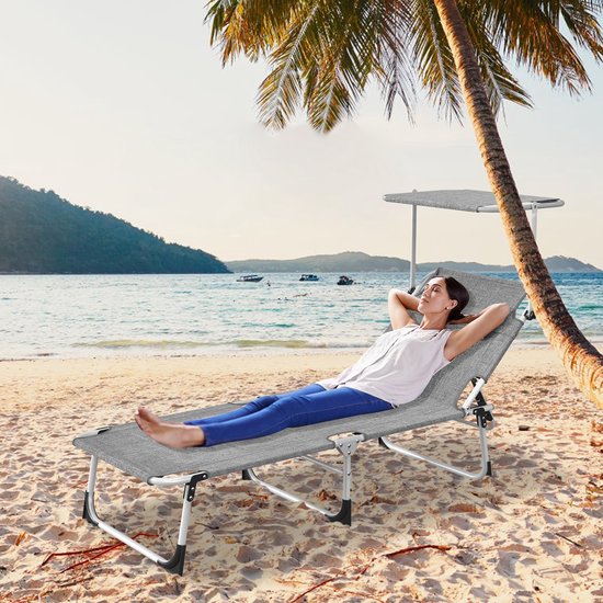 Zonneligstoel met dak, tuinstoel, outdoor ligstoel met hoofdkussen, strandstoel, inklapbaar, verstelbare rugleuning, zonwering tot 100 kg, voor strand, camping, balkon, terras, vlasgrijs — afbeelding 5