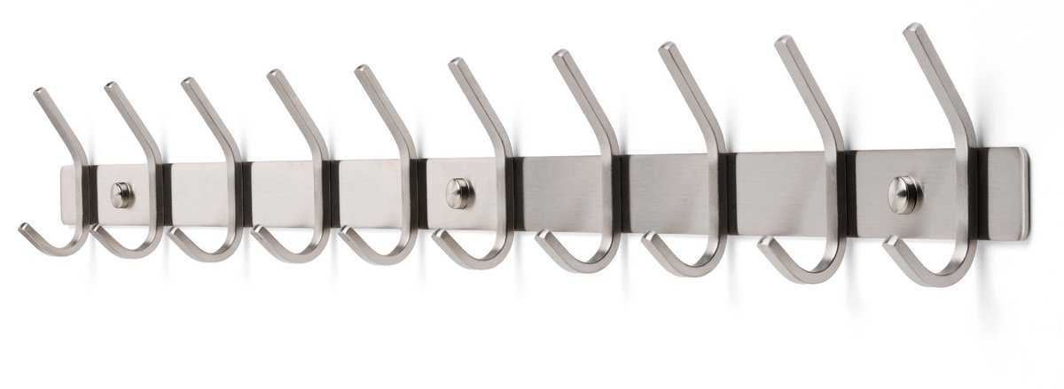 TOJ 20 Haaks Wandkapstok – 78cm - Muur / Wand Kapstok - Hangende Design Muurkapstok - Handdoekrek - RVS - Zilver