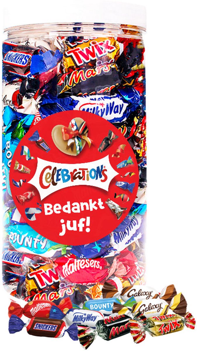 Mars Celebrations chocolademix "Bedankt juf!" - cadeau voor juf - Mars, Snickers, Twix, Bounty, Maltesers, Galaxy & MilkyWay - 580g