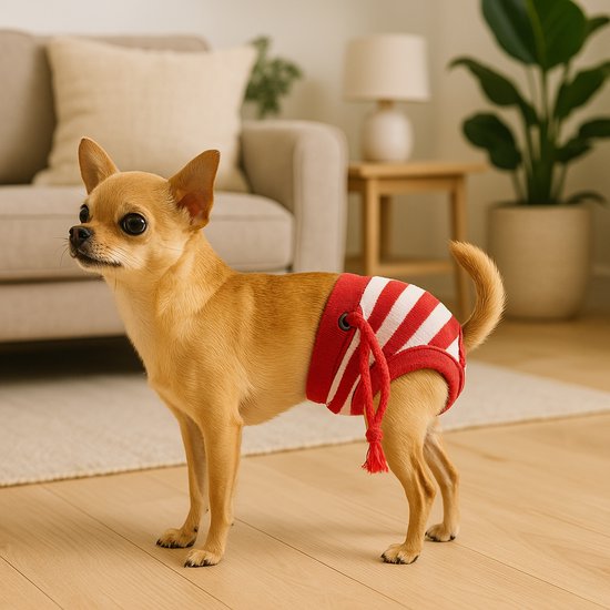 Chihuahua draagt rood-wit gestreept loopsheidbroekje met touwtje aan de zijkant.