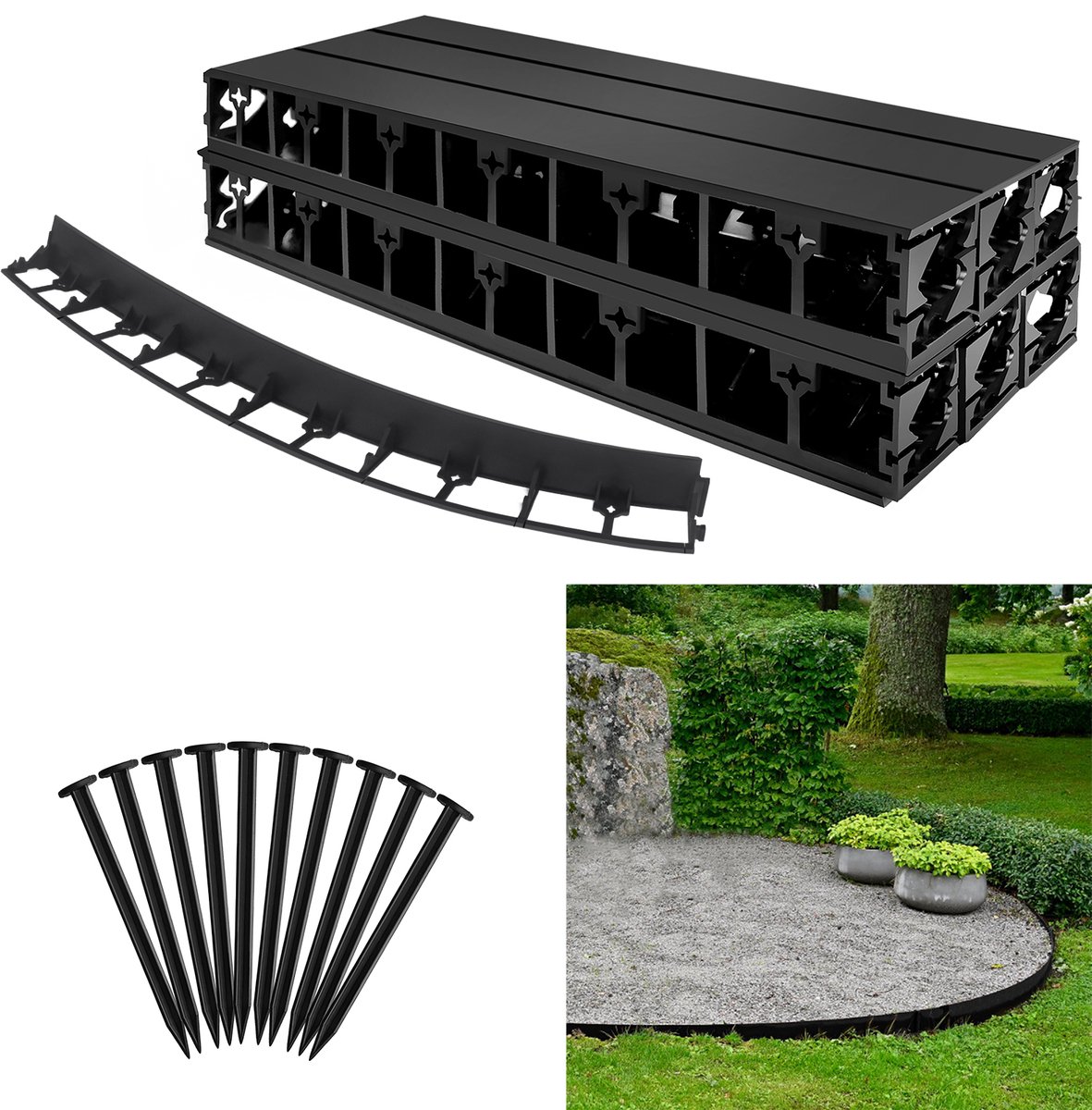 Aufun 12 M Flexibele Gazonrand Kunststof, Bestratingsrand, Borderrand, Maaikant, Randsteen Met 50 Grondankers, Zeer Goed Om Gazonrandstenen Te Verwerken, 78 mm Hoog, Zwart