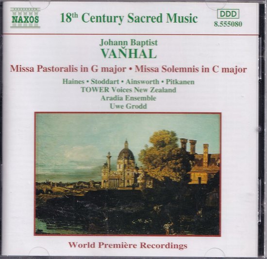 CD-hoes met tekst "18th Century Sacred Music" en een schilderij van een paleis met koepel en bomen.